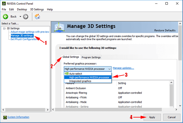 Menentukan mengatur kartu grafis utama di komputer Windows