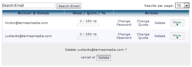 Menghapus akun email domain sendiri di cPanel