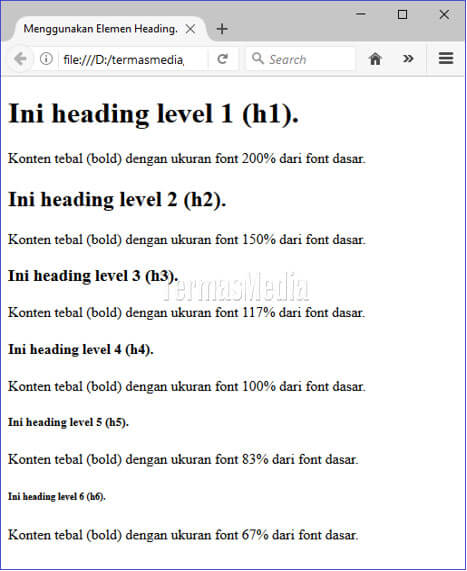 Menggunakan elemen heading h1 - h6 di HTML