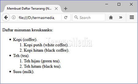 Membuat daftar terurut ordered tidak terurut unordered tersarang nested list di HTML