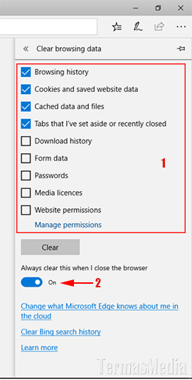 Menghapus browsing history di Microsoft Edge secara otomatis