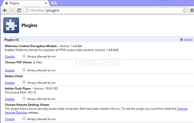 Menonaktifkan plugin di browser Google Chrome