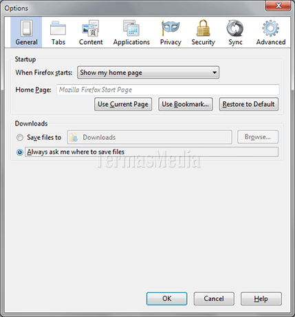 Mozilla Firefox: menanyakan dimana menyimpan file-file unduhan