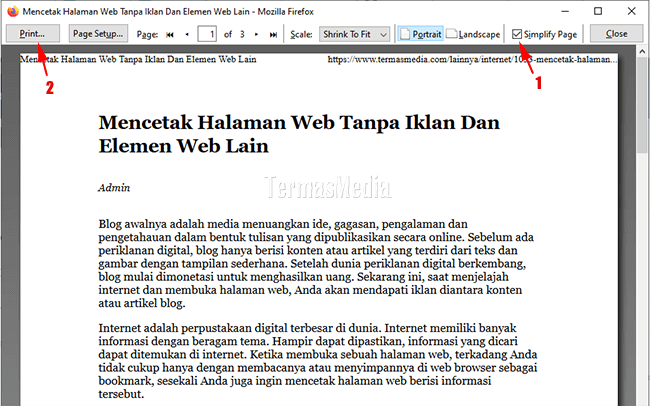 Mencetak halaman web tanpa iklan dengan browser Mozilla Firefox