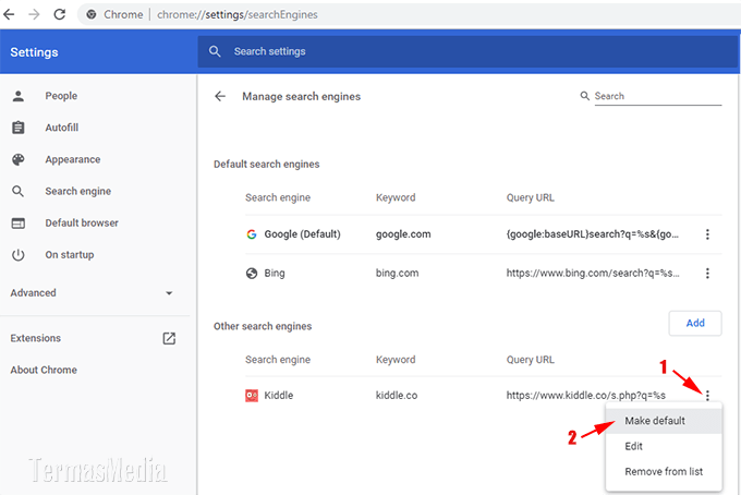 Mengganti mesin pencari browser Google Chrome dengan Kiddle