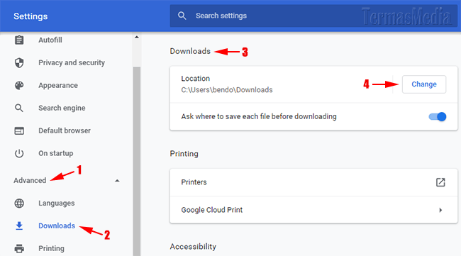 Mengubah lokasi folder tempat file unduhan di Google Chrome