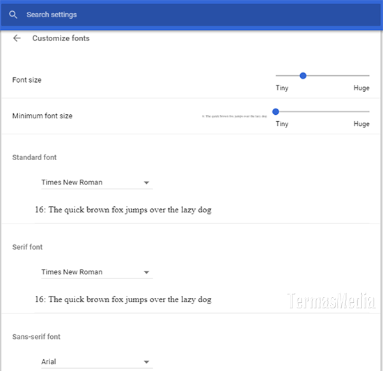 Merubah ukuran font di peramban Google Chrome