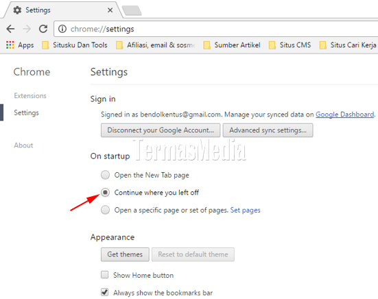 Menjalankan kembali browser dengan membuka semua tab dari sesi terakhir