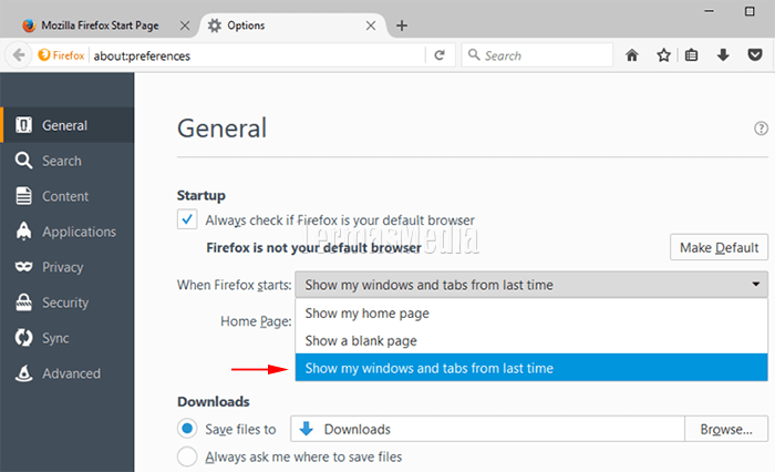 Menjalankan kembali browser dengan membuka semua tab dari sesi terakhir