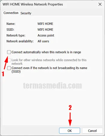 Menonaktifkan koneksi otomatis perangkat ke Wi-Fi di Windows 11