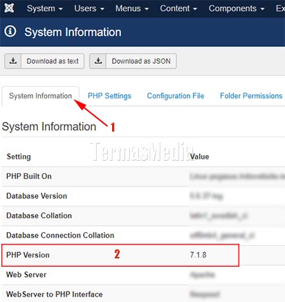 Memeriksa versi PHP melalui panel admin Joomla
