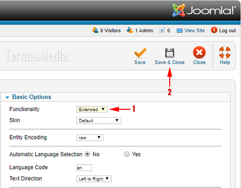 Mengubah fungsionalitas editor TinyMCE dari mode Advanced ke Extended di Joomla 2.5
