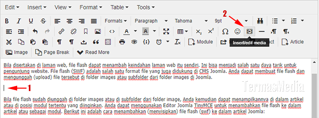 Menambahkan menyisipkan file flash swf di artikel Joomla