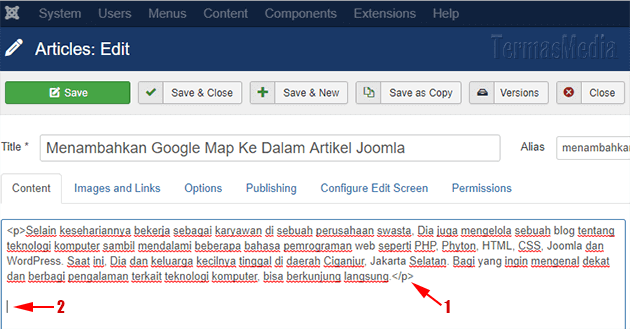 Menambahkan menyisipkan kode Google Maps ke artikel Joomla