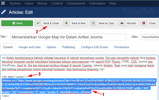 Menambahkan menyisipkan kode Google Maps ke artikel Joomla