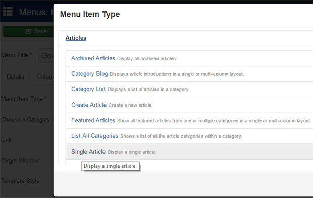 Menghubungkan menu item ke artikel tunggal di Joomla