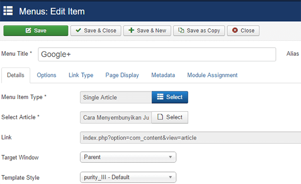 Menghubungkan menu item ke artikel tunggal di Joomla