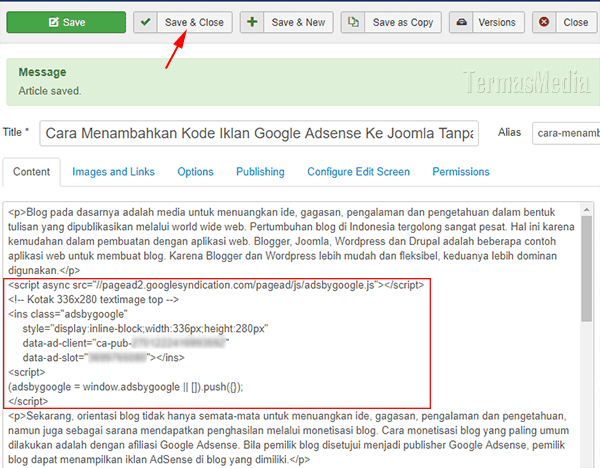 Menambahkan menyisipkan kode iklan AdSense di blog Joomla