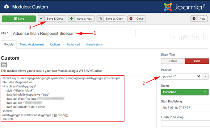 Menambahkan menyisipkan kode iklan AdSense di blog Joomla