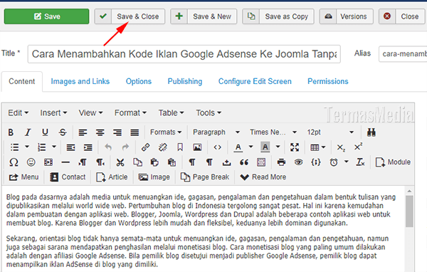 Menambahkan menyisipkan kode iklan AdSense di blog Joomla