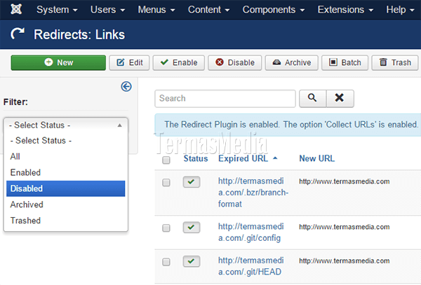Menggunakan fitur Redirect di Joomla