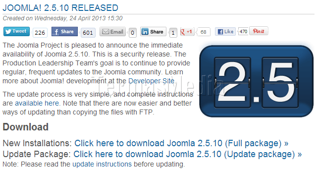 Update versi Joomla dengan mengunggah (upload) file paket