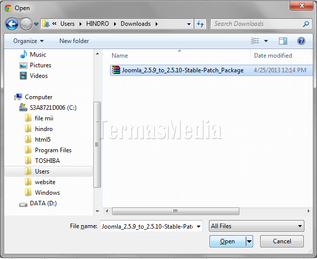 Update versi Joomla dengan mengunggah (upload) file paket