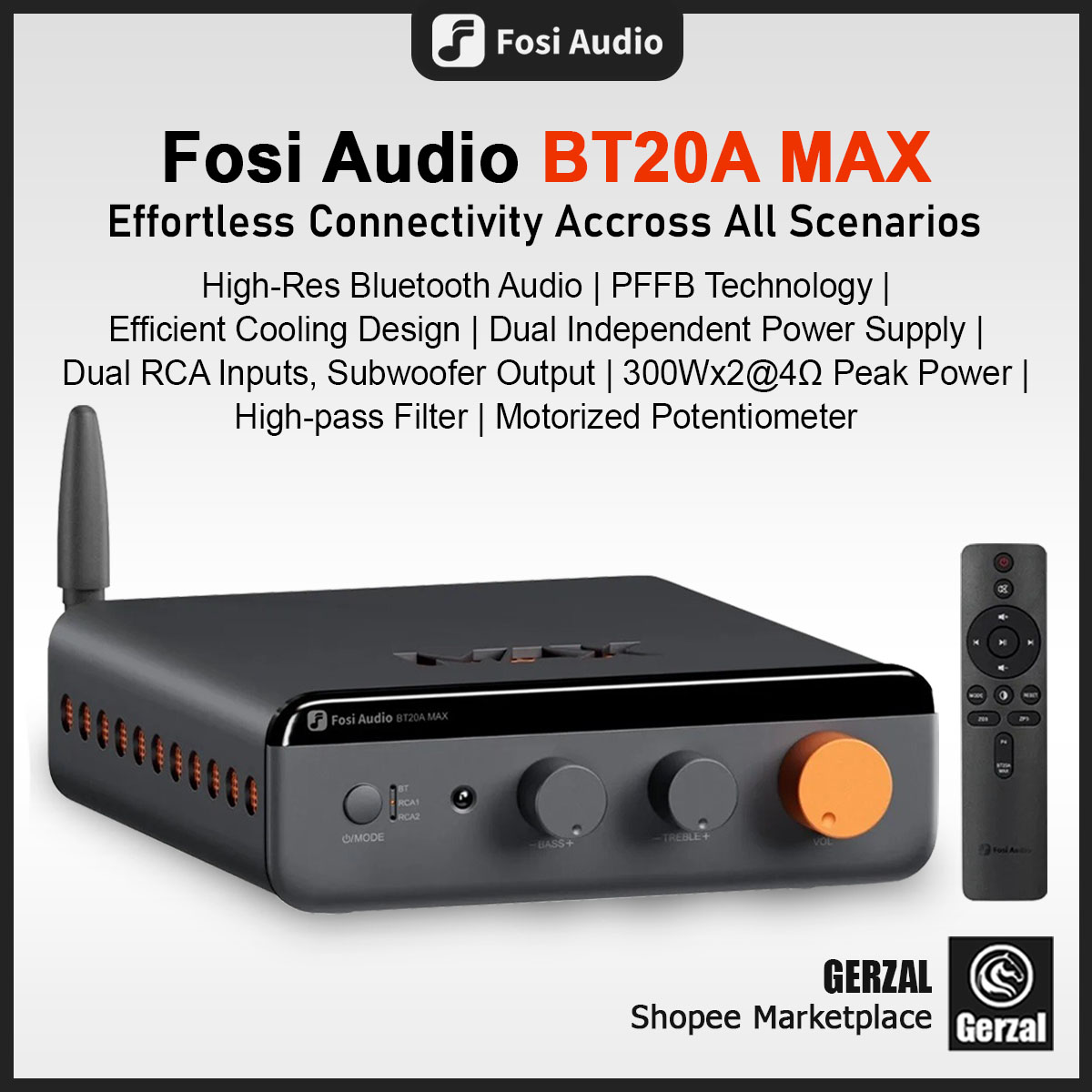 Fosi Audio BT20A MAX Power Amplifier HiFi Bluetooth Stereo PFFB Feedback