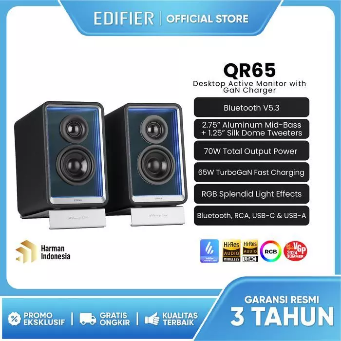 Edifier QR65, speaker Hi-Res desktop aktif dengan fitur charger TurboGaN 65 watt