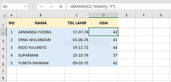Fungsi DATEDIF() di Microsoft Excel