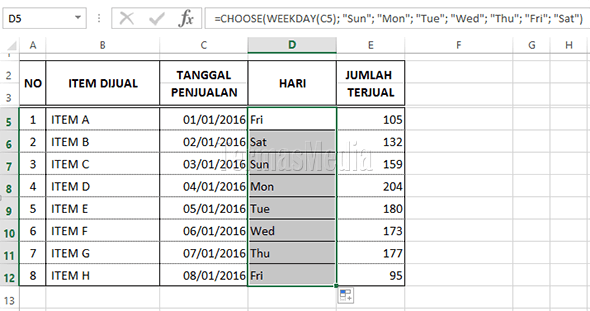 Mengkonversi mengubah tanggal ke nama hari di Micrsoft Excel