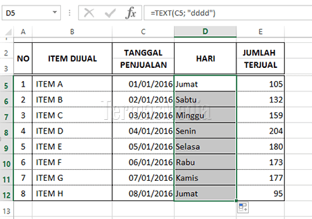 Mengkonversi mengubah tanggal ke nama hari di Micrsoft Excel