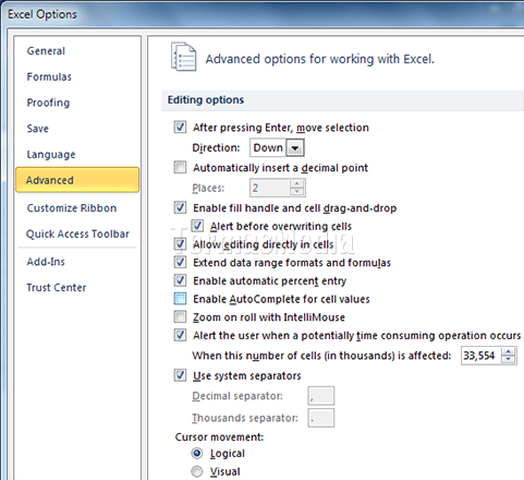Menonaktifkan fitur AutoComplete di Microsoft Excel