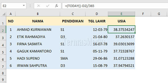 Rumus Excel sederhana untuk menghitung ussia seseorang