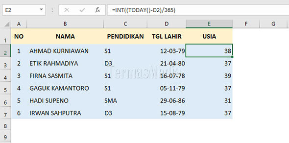 Rumus Excel sederhana untuk menghitung ussia seseorang