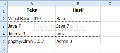 Menggunakan fungsi mid() di Excel