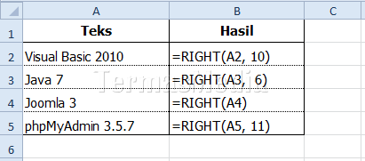 Menggunakan fungsi right() di Excel