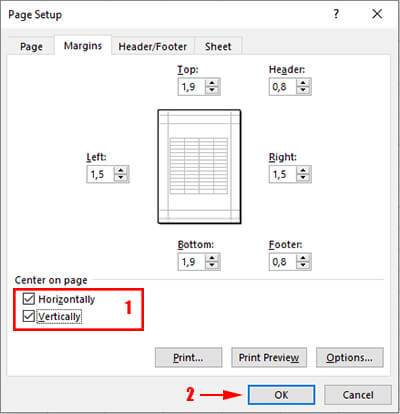 Meletakkan worksheet Excel tengah halaman horizontal vertikal