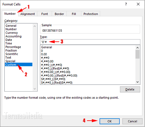 Cara menampilkan angka nol (0) di awal pada Microsoft Excel