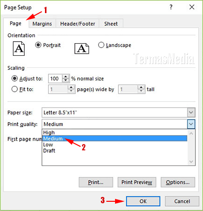 Mengubah kualitas cetak untuk spreadsheet Microsoft Excel