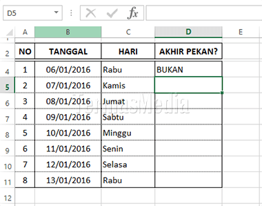 Menggunakan fungsi IF(), OR() dan WEEKDAY() untuk menentukan akhir pekan