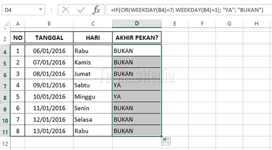 Menggunakan fungsi IF(), OR() dan WEEKDAY() untuk menentukan akhir pekan
