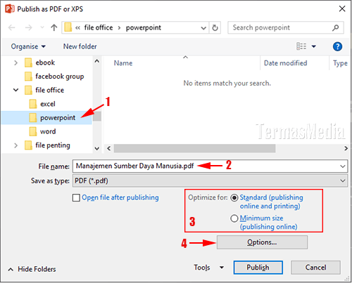 Mengkonversi atau menyimpan presentasi PowerPoint ke file PDF (opsi lanjutan)