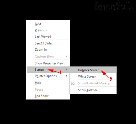 Menjeda menghentikan sejenak presentasi PowerPoint dengan layar hitam atau putih