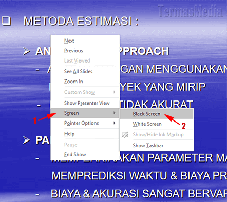 Menjeda menghentikan sejenak presentasi PowerPoint dengan layar hitam atau putih