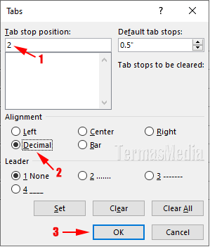 Meluruskan mensejajarkan (align) tanda simbol desimal koma di tabel Microsoft Word