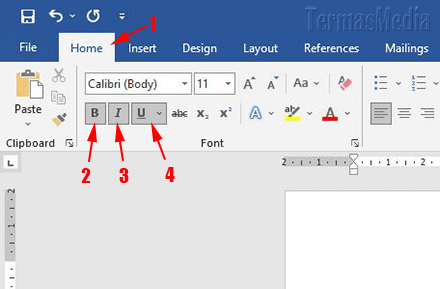 Membuat memformat teks tebal bold, miring italic dan garis bawah underline di Microsoft Word