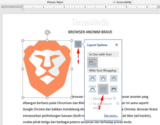 menempatkan meletakkan teks di atas gambar di Microsoft Word