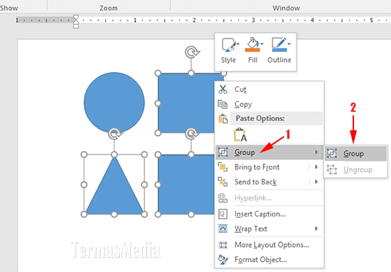 Cara mengelompokkan (group) gambar (images), bentuk (shapes) dan obyek lain di Microsoft Word