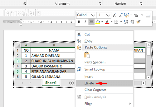 Menghapus baris, kolom atau tabel di Microsoft Word dengan cepat